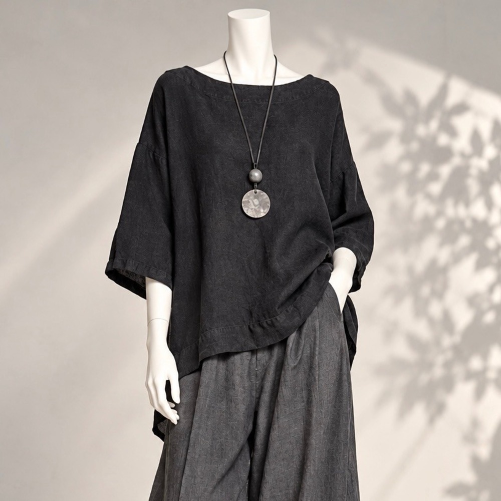 Bryn Walker Linen Top M Black Oversized Boxy Lagenlook Minimalist Artsy Blouse